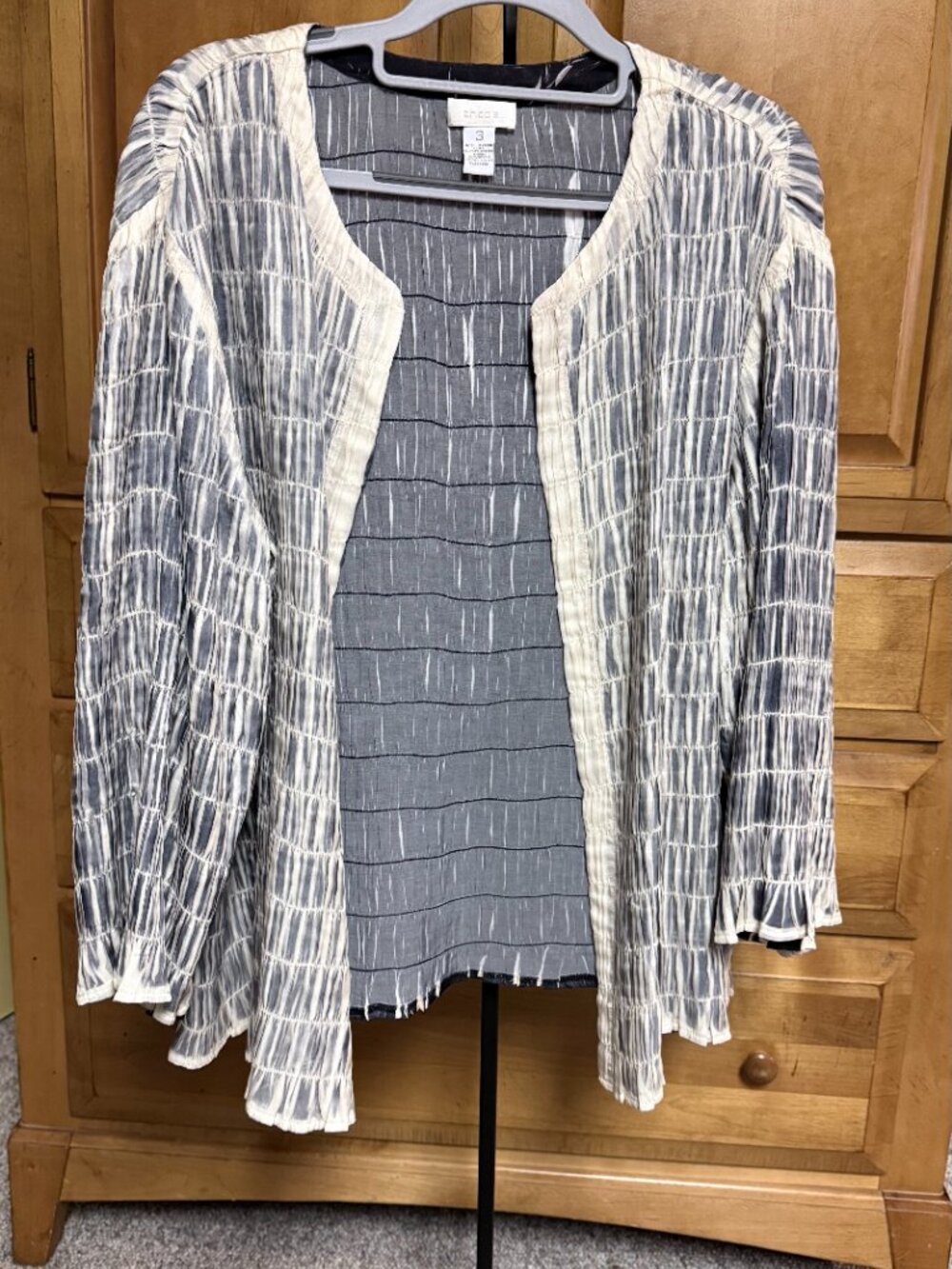 Chico’s Ivory Crinkle Sublimation 3/4 Sleeve Open Front Blazer Cardigan Sz 3(XL)